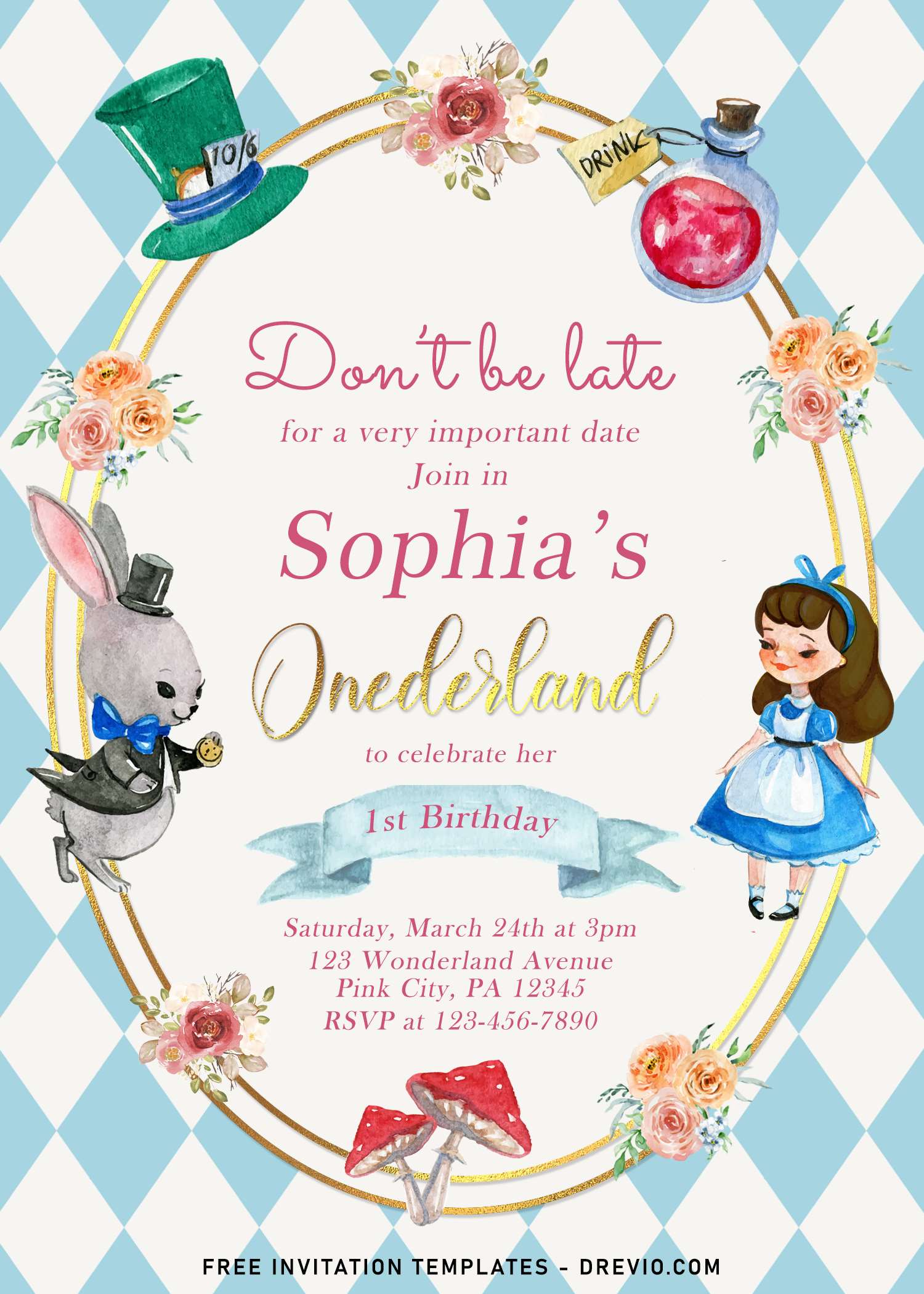 Editable Alice in Wonderland Invitation Alice in Onederland 1st
