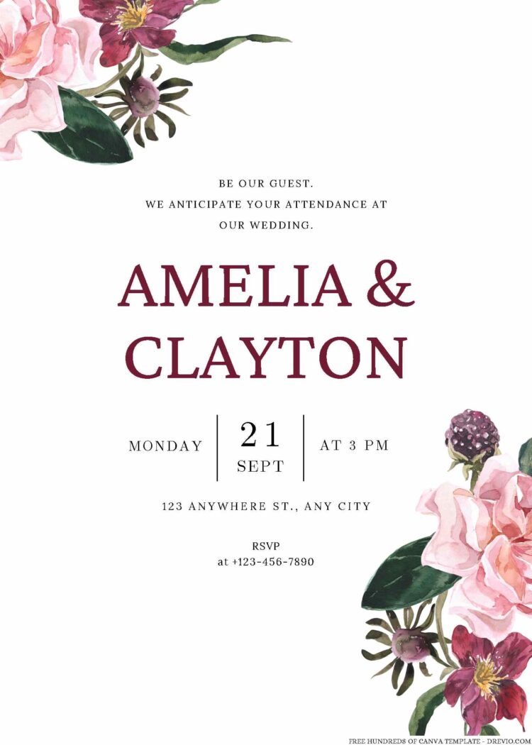 18+ Garden Burgundy Floral Watercolor Canva Wedding Invitation ...