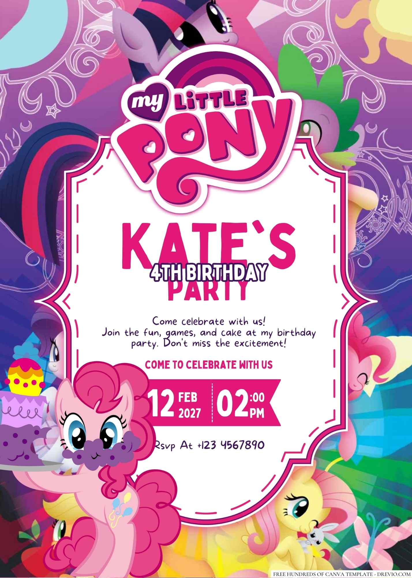 Personalised My Little Pony Girl Brithday Party Invitations Magical Purple